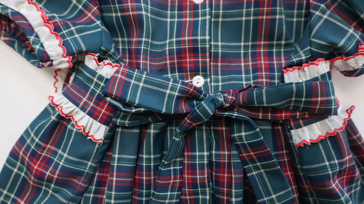 Mae Dress in Green Tartan (#23) with Red Lace (Trim G)