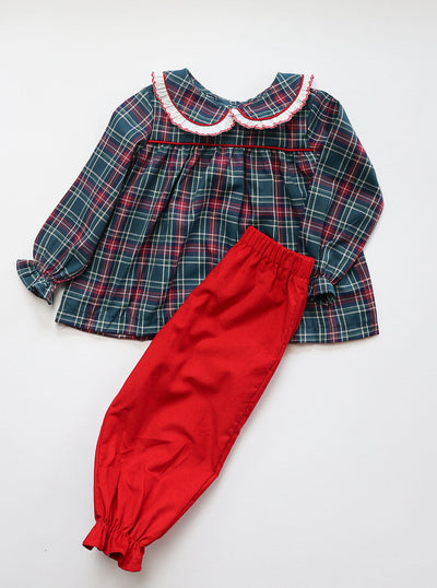 Sally Top in Green Tartan (#23) with Red Cord (#41) and Red Lace (Trim G)
