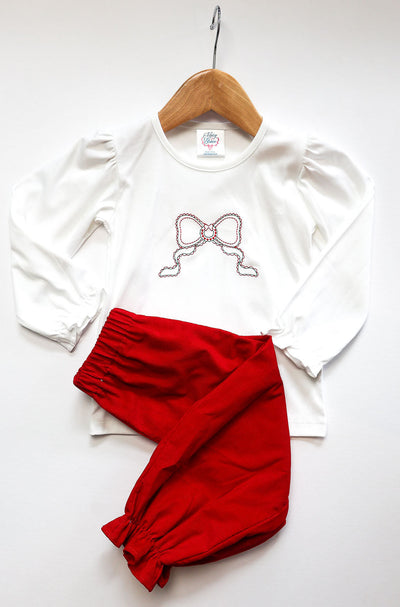 Girl Pima Tee in White with Bow Embroidery