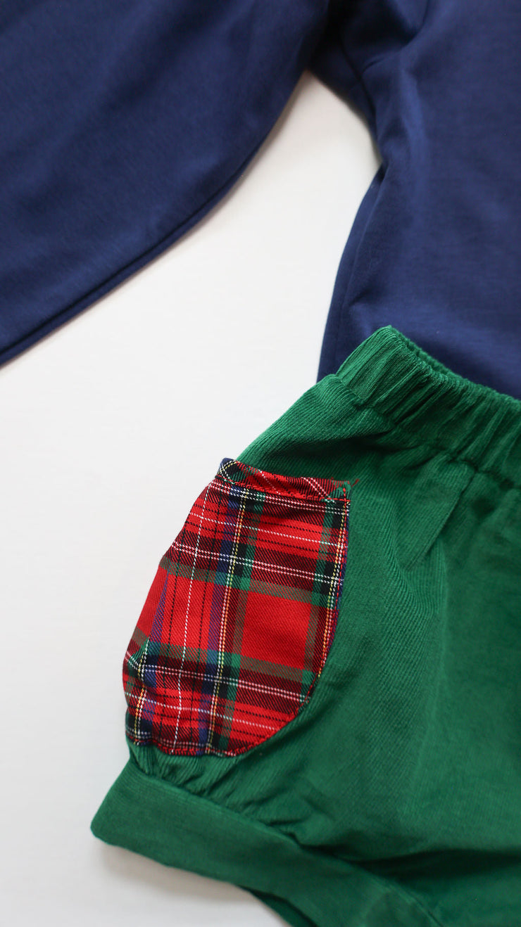 Banded Pocket Short in Kelly Cord (#42) with Red Tartan (#24)