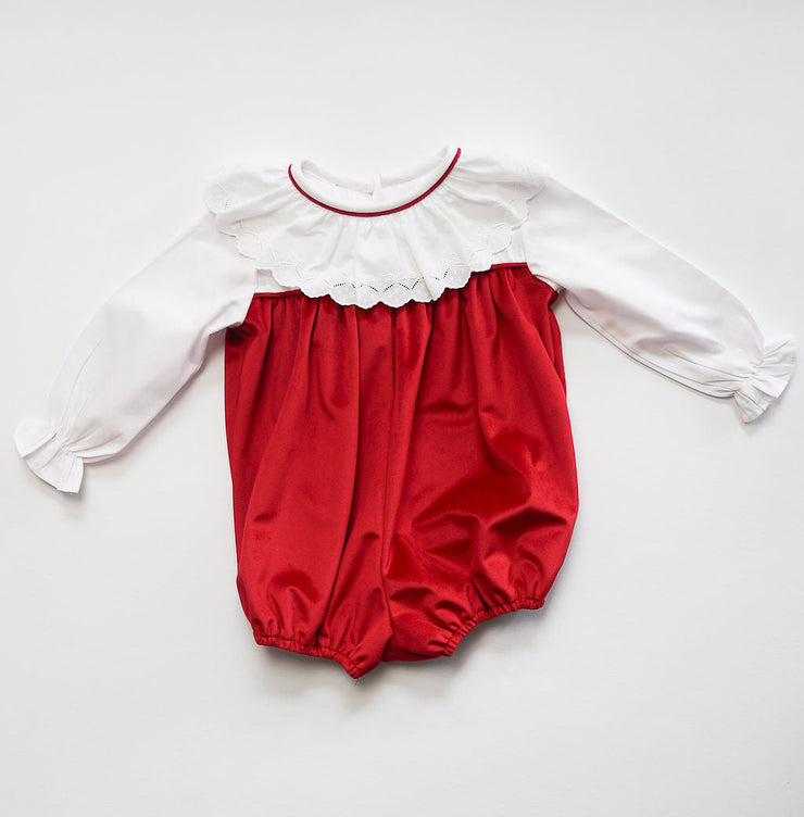 Charlotte Bubble in Red Velvet (#47) with White Pique (#33) and Bow Lace (Trim C)