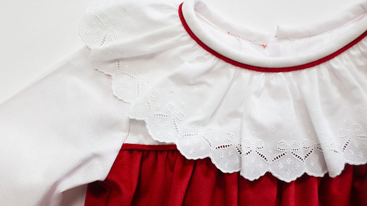 Charlotte Bubble in Red Velvet (#47) with White Pique (#33) and Bow Lace (Trim C)
