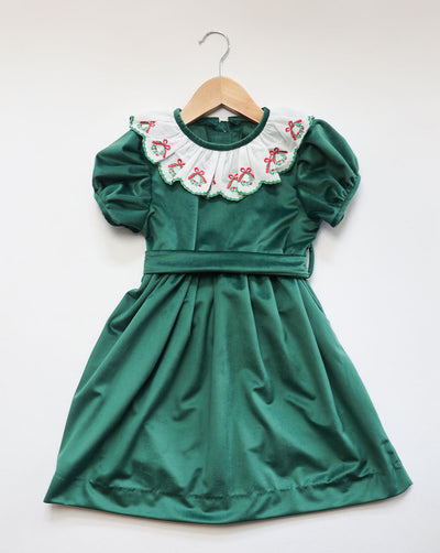 Mary Dress in Green Velvet (#56) withi Wreath Lace (Trim K)