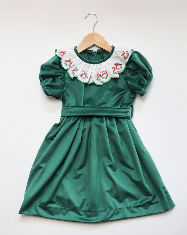 Mary Dress in Green Velvet (#56) withi Wreath Lace (Trim K)