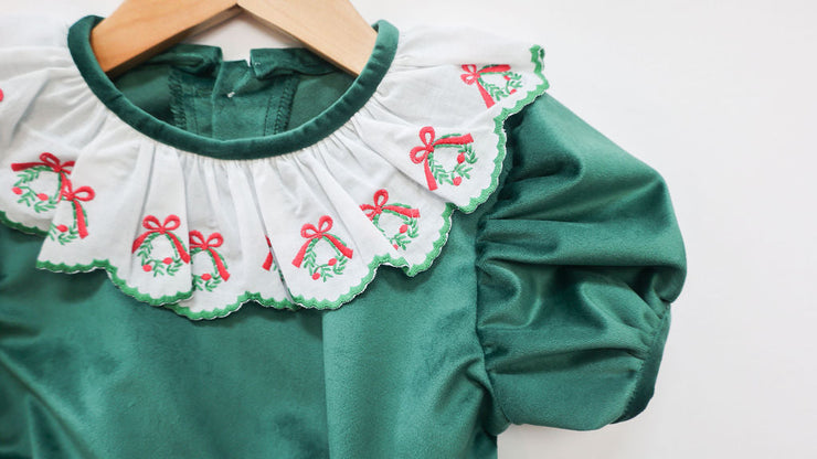 Mary Dress in Green Velvet (#56) withi Wreath Lace (Trim K)