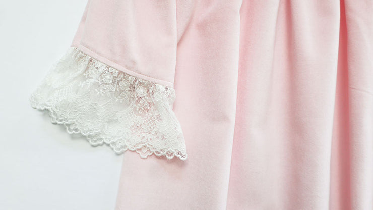 Belle Dress in Pink Velveteen (#58) with Spanish Netting (Trim I)