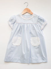 Gabby Dress in Blue Check Oxford (#5) with Pink Pique (#35), Pink Bitty Dot (#66), and Pink Lace (Trim D)