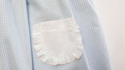 Gabby Dress in Blue Check Oxford (#5) with Pink Pique (#35), Pink Bitty Dot (#66), and Pink Lace (Trim D)