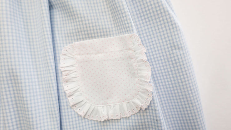 Gabby Dress in Blue Check Oxford (#5) with Pink Pique (#35), Pink Bitty Dot (#66), and Pink Lace (Trim D)