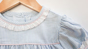 Gabby Dress in Blue Check Oxford (#5) with Pink Pique (#35), Pink Bitty Dot (#66), and Pink Lace (Trim D)
