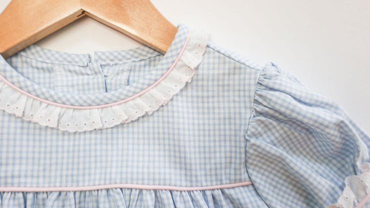 Gabby Dress in Blue Check Oxford (#5) with Pink Pique (#35), Pink Bitty Dot (#66), and Pink Lace (Trim D)