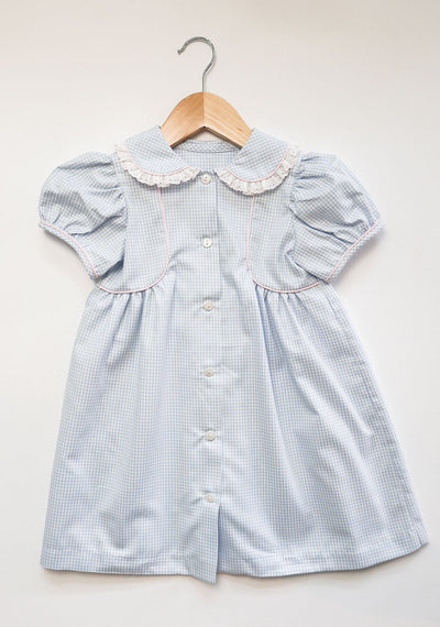 Mary Lea Dress in Blue Check Oxford (#5) with Pink Pique (#35) and Pink Lace (Trim D)