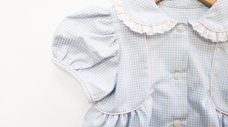 Mary Lea Dress in Blue Check Oxford (#5) with Pink Pique (#35) and Pink Lace (Trim D)