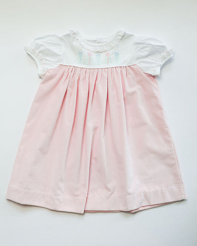 Sadie Dress in Pink Velveteen (#58) with White Pique (#33) and Pink Lace (Trim D)