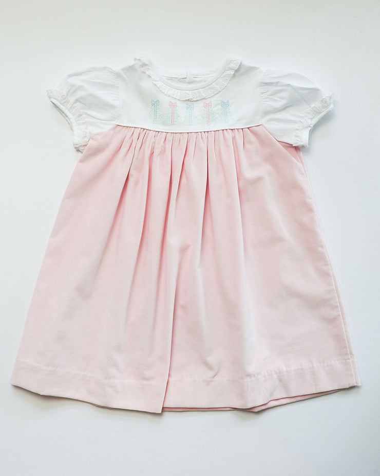 Sadie Dress in Pink Velveteen (#58) with White Pique (#33) and Pink Lace (Trim D)