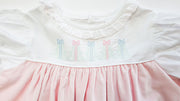 Sadie Dress in Pink Velveteen (#58) with White Pique (#33) and Pink Lace (Trim D)