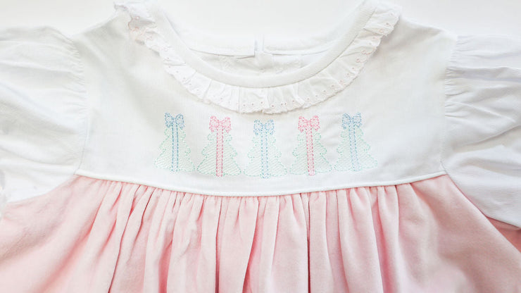 Sadie Dress in Pink Velveteen (#58) with White Pique (#33) and Pink Lace (Trim D)