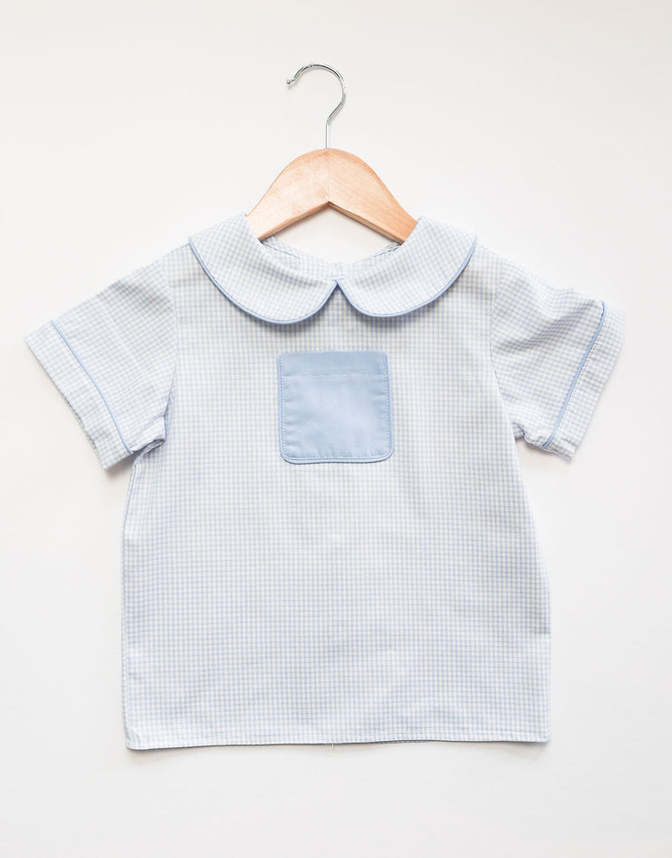 Tyler Pocket Top in Blue Check Oxford (#5) with Medium Blue Twill (#34)