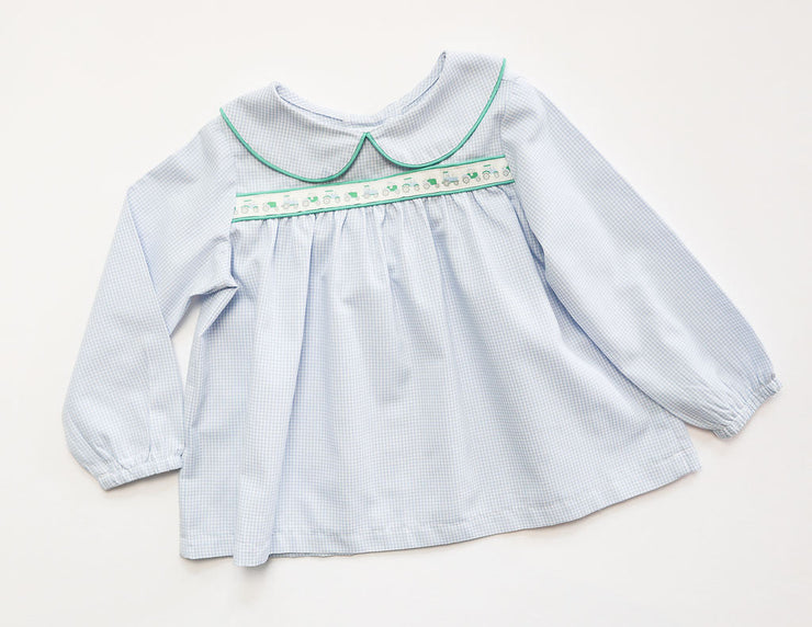 Logan Ribbon Top in Blue Gingham (#6) with Aloe Broadcloth (#36) and Tractor Ribbon (Trim R46)