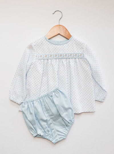 Cotter Ribbon Top in Blue Swiss Dot (#68) with Blue Pique (#31) and Cowboy Ribbon (Trim R44), Lined