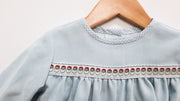Hunter Ribbon Bubble Short in Blue Poly Cord (#61) with Blue Check Oxford (#5) and Santa Ribbon (Trim R45)