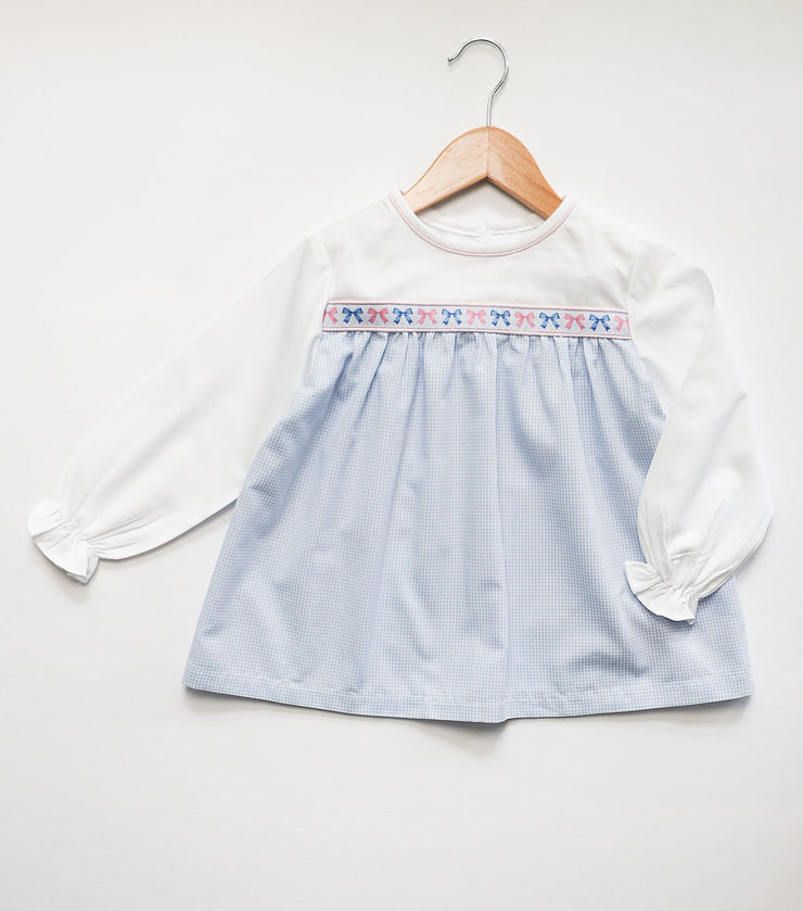 Sadie Ribbon Top in Blue Gingham (#6) with White Pique (#33), Pink Pique (#35) and Bow Ribbon (Trim R16)