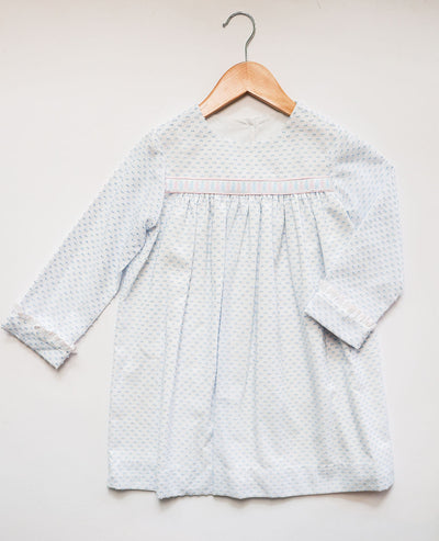 Kylie Dress in Blue Swiss Dot (#68) with Pink Pique (#35), Pink Lace (Trim D) and Paper Dolls Ribbon (Trim R43)