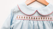 Henry Ribbon Bubble in Blue Pique (#31) with Red Gingham (#7) and Gingerbread Boy Ribbon (Trim R5)