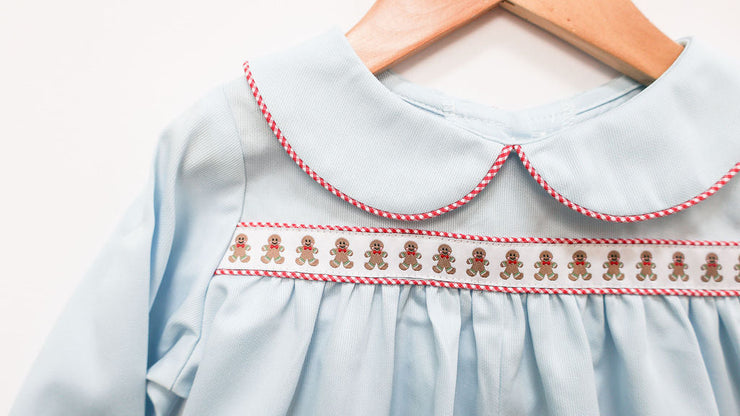 Henry Ribbon Bubble in Blue Pique (#31) with Red Gingham (#7) and Gingerbread Boy Ribbon (Trim R5)
