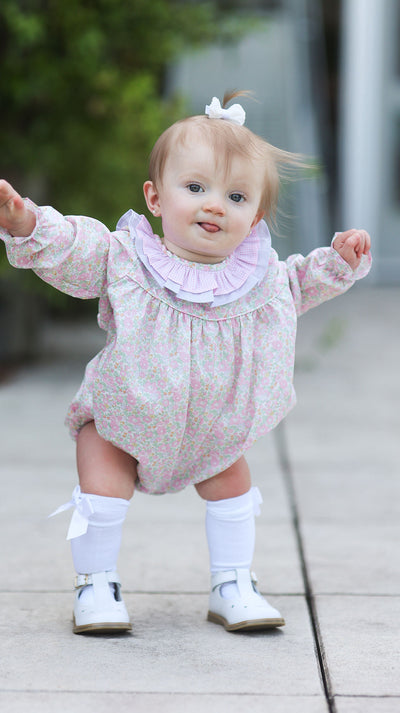 Double Ruffle Samantha Bubble in Betsy Ann Liberty (#47) with Lilac Pique (#29) and Pink Gingham (#2)