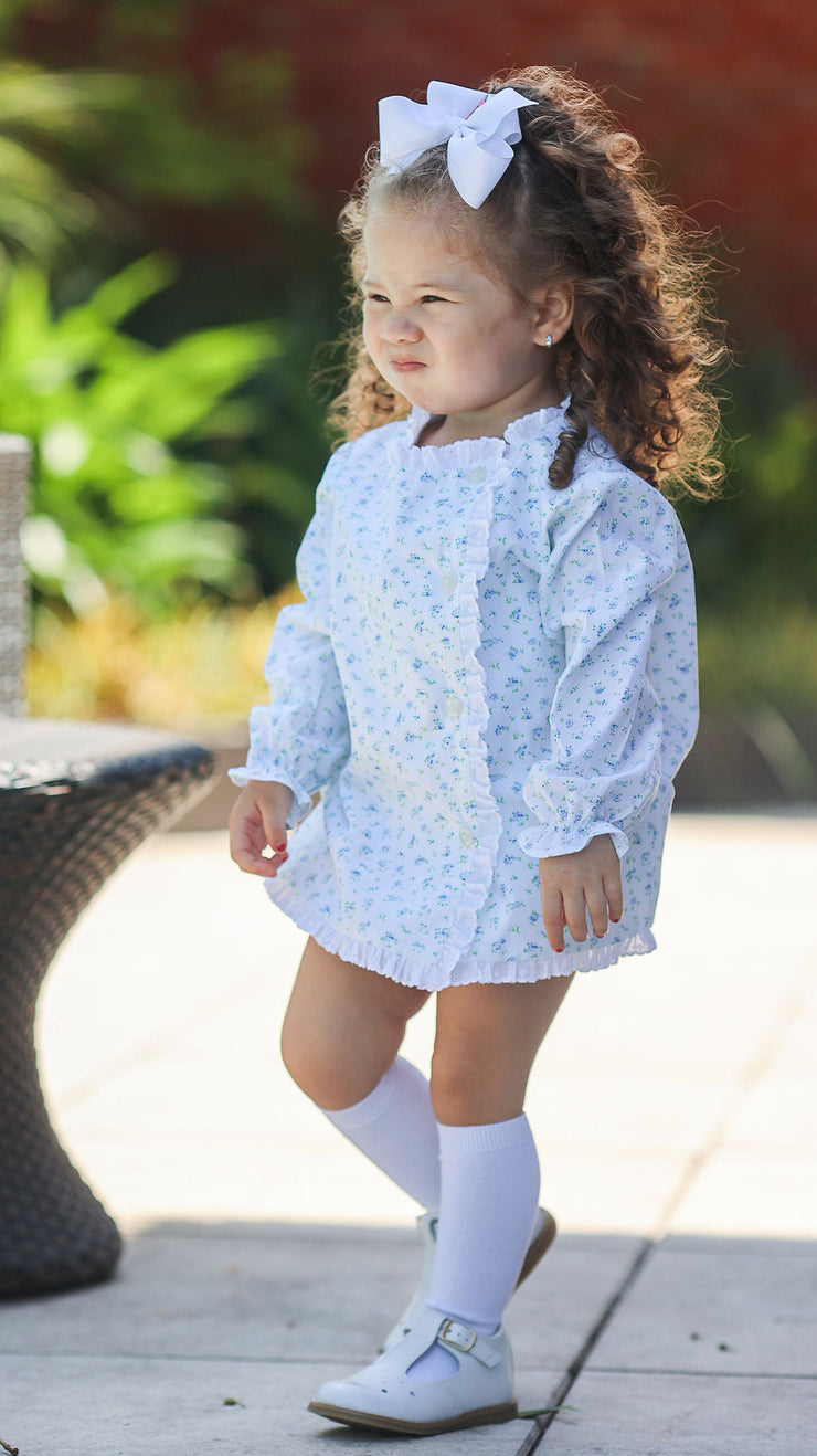 Girl Diaper Top in Dainty Blue Floral (#54) with Medium Blue Twill (#34) and Small White Lace (Trim B), Lined