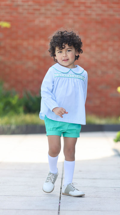 Logan Ribbon Top in Blue Gingham (#6) with Aloe Broadcloth (#36) and Tractor Ribbon (Trim R46)