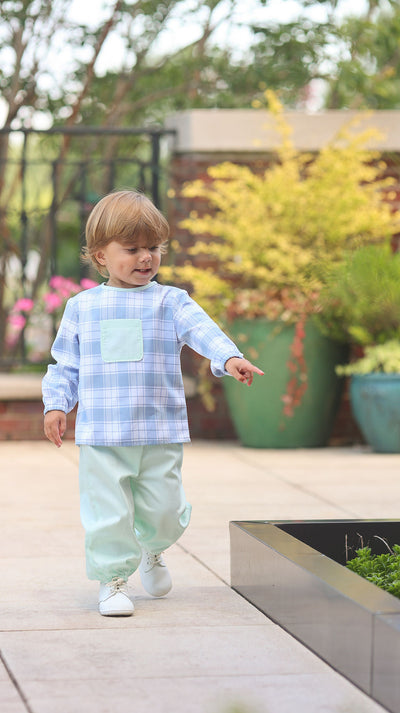 Tucker Pocket Top in Blue/White Plaid (#25) with Mint Pique (#28)