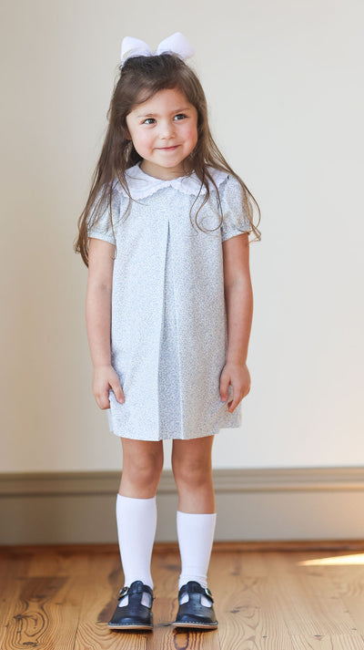 Maggie Dress in Blue Floral (#49) with White Swiss Dot (#64), Blue Poly Cord (#61) and White Lace (Trim A)