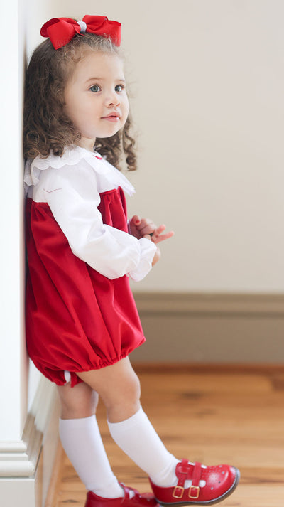 Charlotte Bubble in Red Velvet (#47) with White Pique (#33) and Bow Lace (Trim C)