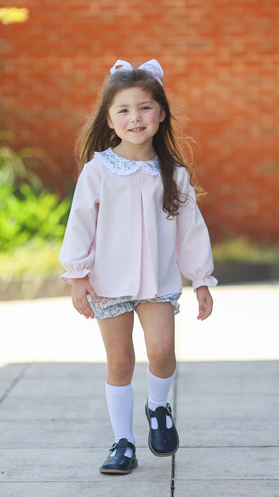 Maggie Top in Pink Poly Cord (#60) with Pink/Blue Floral (#52)