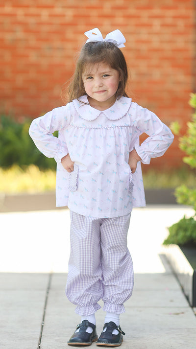 Poppy Top in Unicorns (#74) with Lavender Check (#8)