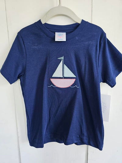 Boy Pima Tee in Navy with Sailboat Applique, SIZE 5