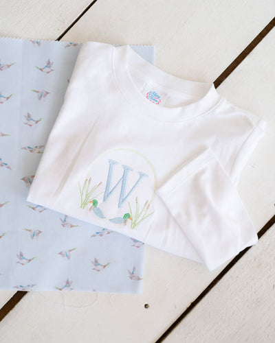 Boy Applique Tee in White with Mallard Initial Embroidery w/ "W", SIZE 6