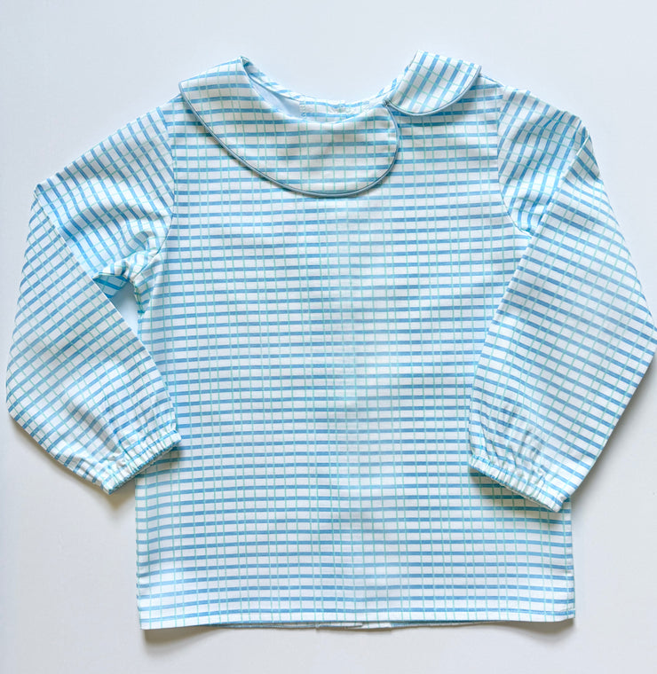 Ryan Top in Blue/Green Watercolor Plaid (#20) with Medium Blue Twill (#34)
