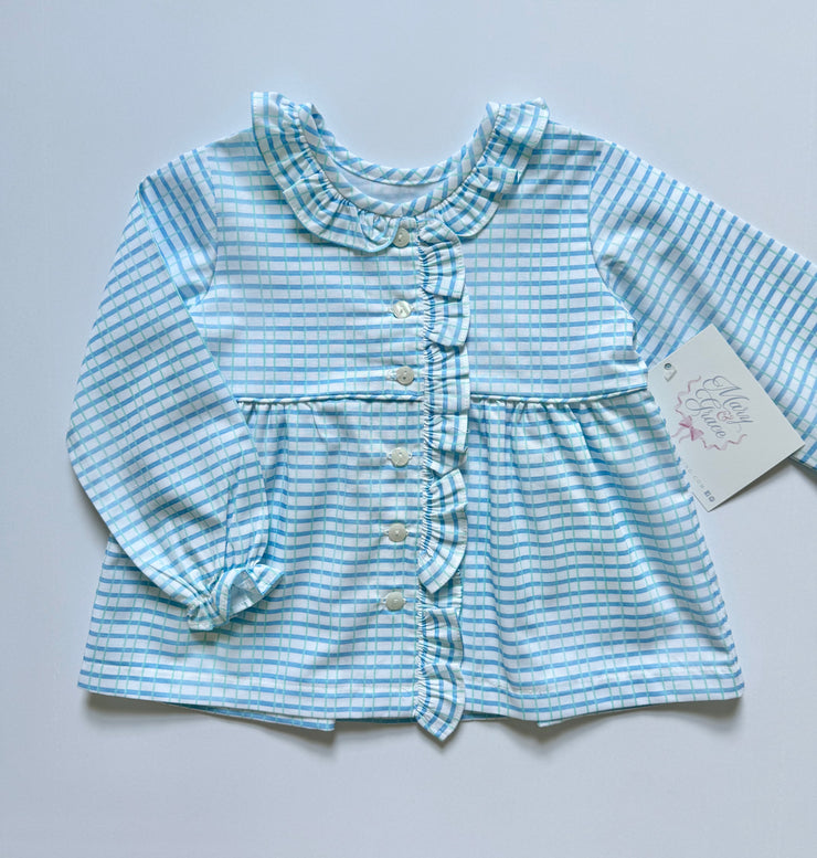 Side Ruffle Top in Blue/Green Watercolor Plaid (#20)