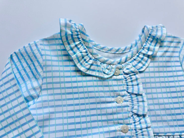 Side Ruffle Top in Blue/Green Watercolor Plaid (#20)