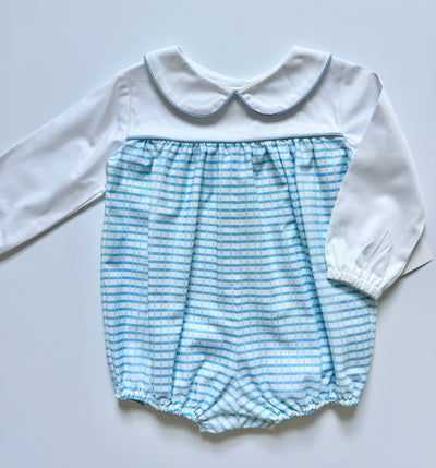 Harrison Bubble in Blue/Green Watercolor Plaid (#20) with White Pique (#33) and Medium Blue Twill (#34)
