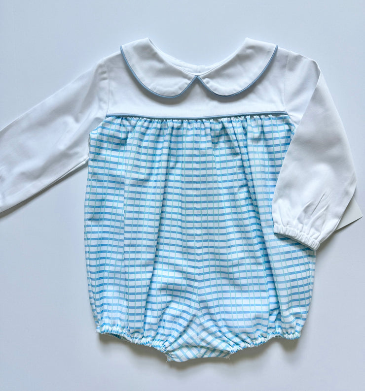 Harrison Bubble in Blue/Green Watercolor Plaid (#20) with White Pique (#33) and Medium Blue Twill (#34)
