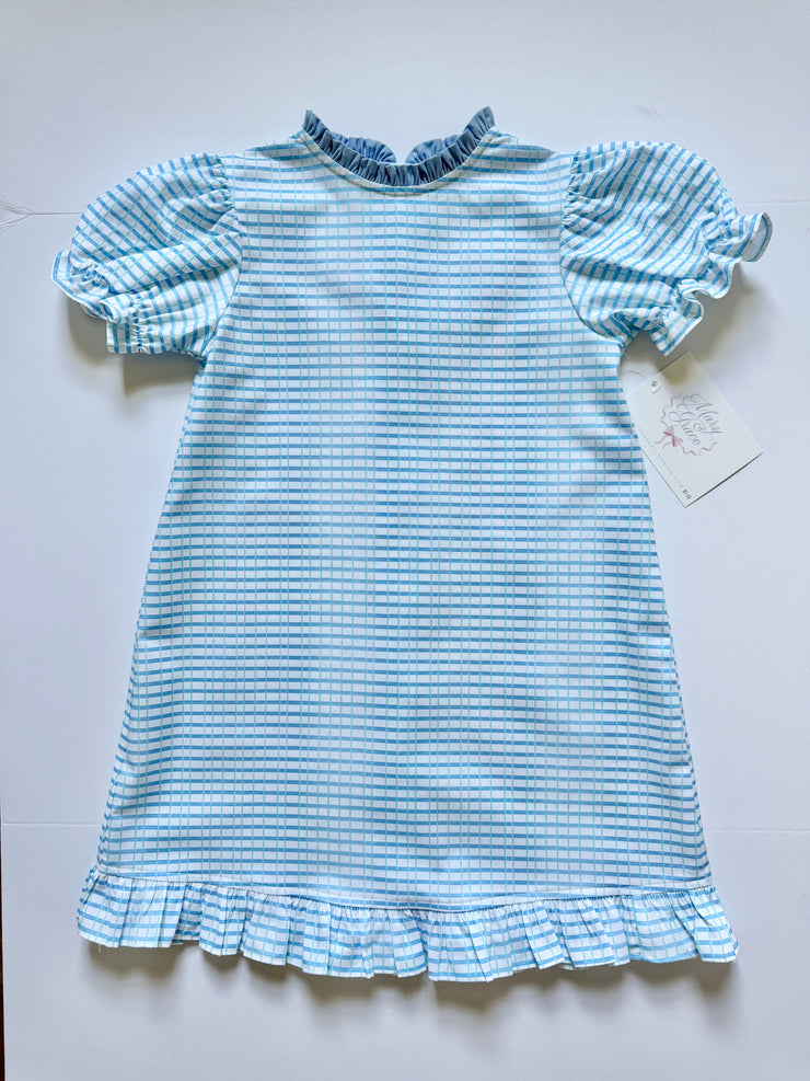 Caroline Dress in Blue/Green Watercolor Plaid (#20) with Medium Blue Twill (#34)