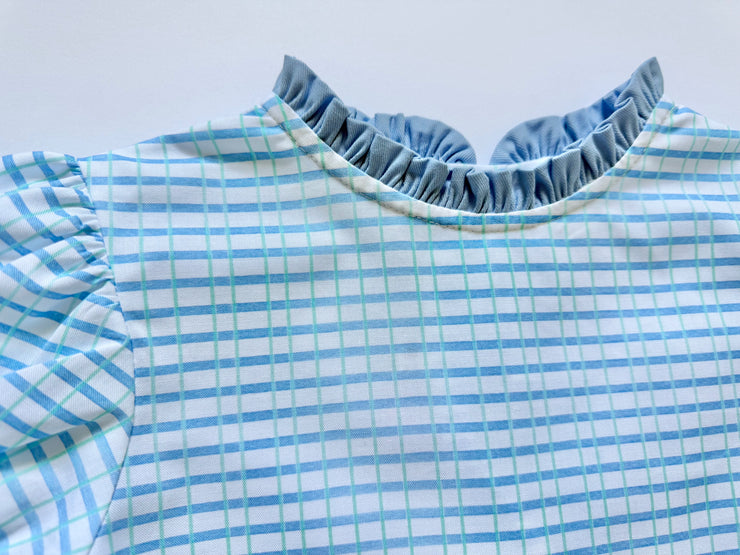 Caroline Dress in Blue/Green Watercolor Plaid (#20) with Medium Blue Twill (#34)