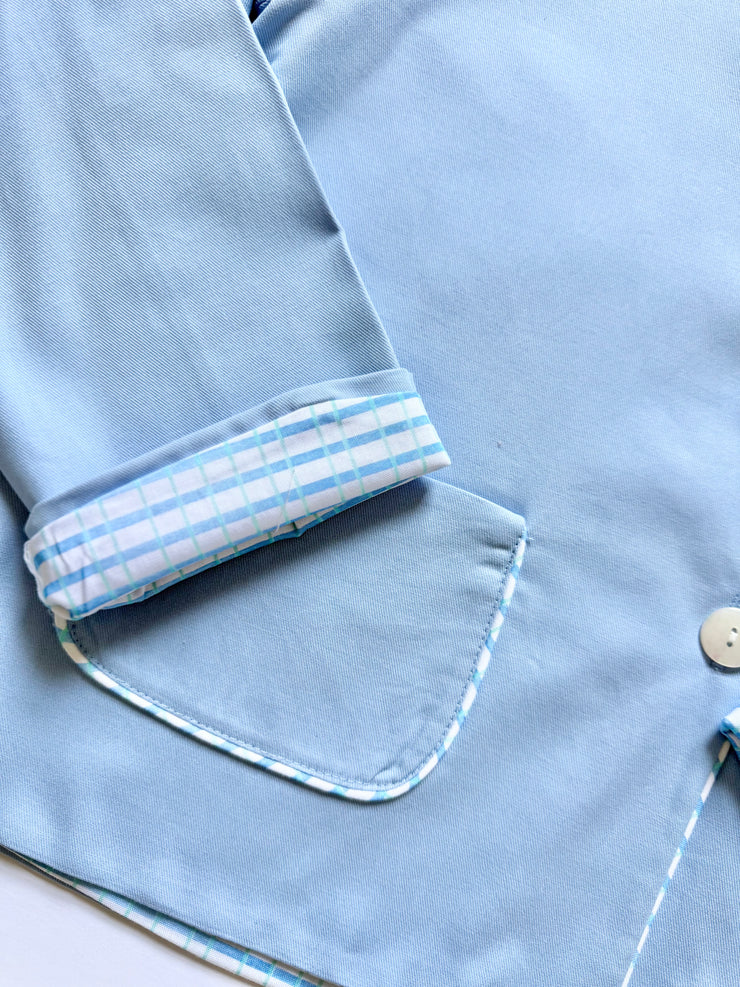Boy Steedly Jacket in Medium Blue Twill (#34) with Blue/Green Watercolor Plaid (#20)