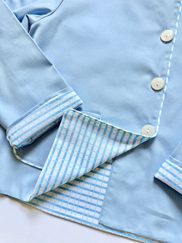 Boy Steedly Jacket in Medium Blue Twill (#34) with Blue/Green Watercolor Plaid (#20)