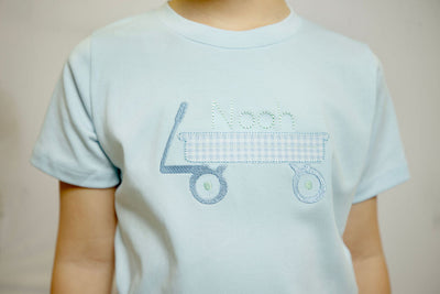 Boy Pima Tee in Blue with Wagon Applique w/ "Noah", SIZE 6