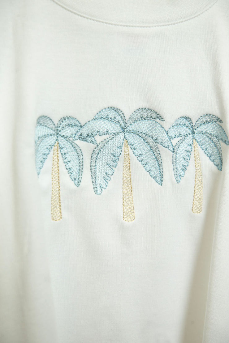 Boy Pima Tee in White with Blue Palm Embroidery, SIZE 8